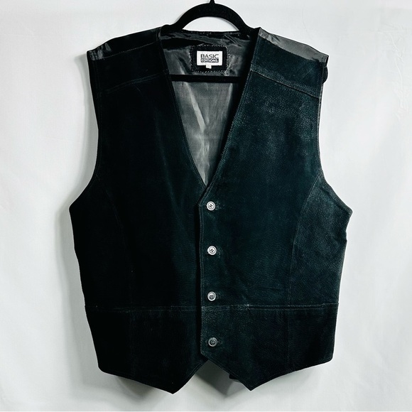 Vintage Basic Editions Genuine Leather Men’s Sz Large Black Button Down Vest - Picture 1 of 9